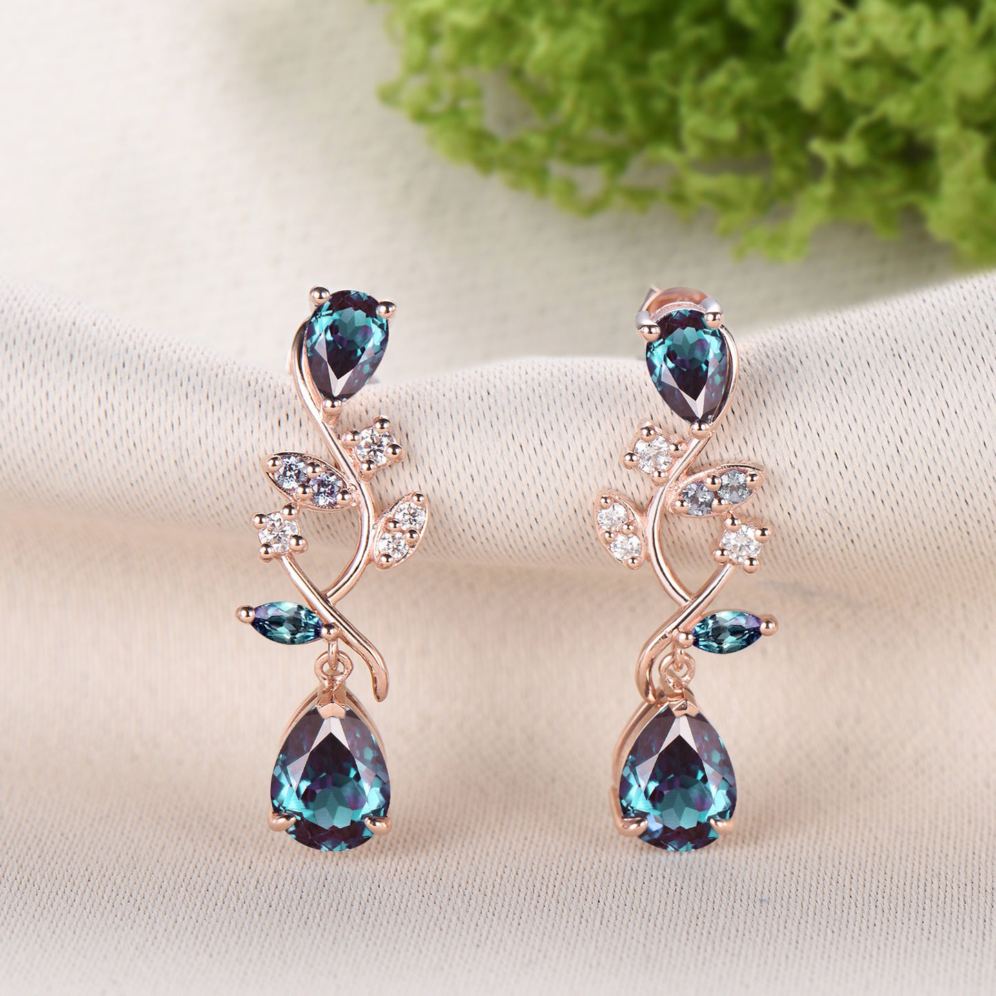 Nature Inspired Pear Shaped Alexandrite Earrings Emerald Elegant Leaf Vine Stud Earrings Unique Handmade Anniversary Promise Gift - PENFINE