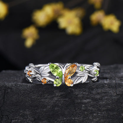 Natural Peridot And Citrine Butterfly Engagement Ring Opal Matching Band Inspired Ring Set