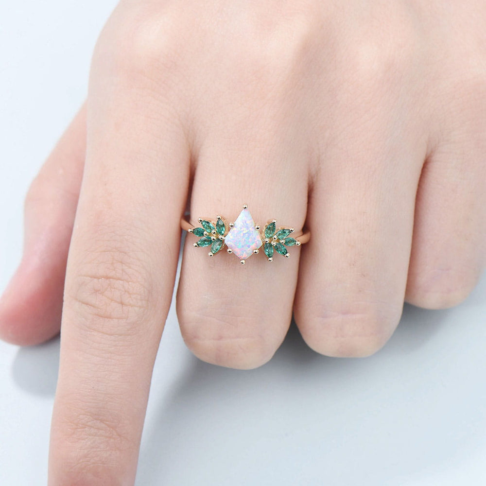 Vintage fire opal engagement ring kite cut Unique cluster emerald wedding ring for women Gold art deco birthday anniversary promise ring - PENFINE