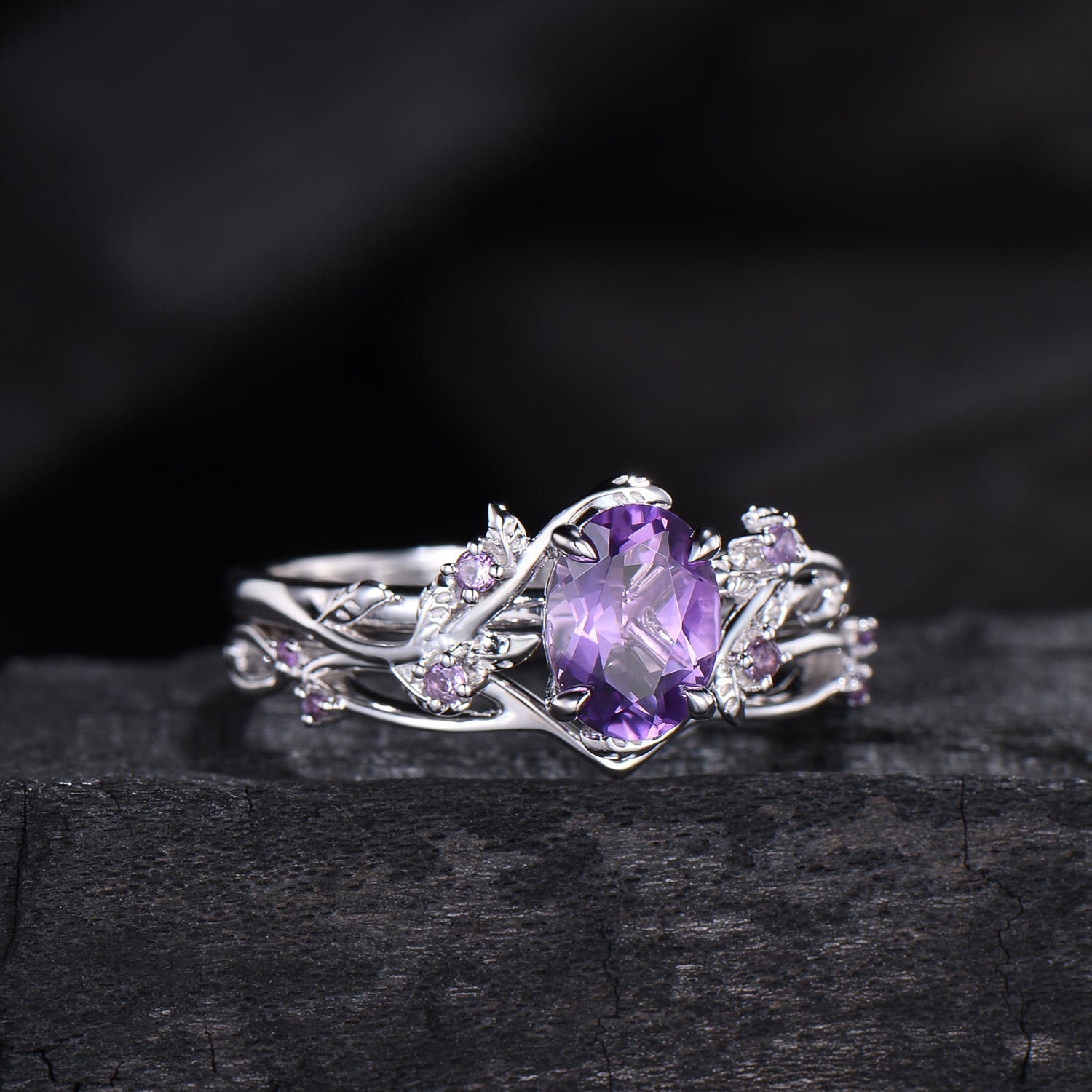Nature Inspired amethyst ring set cluster rose gold purple amethyst engagement ring vintage unique Leaf crystal wedding ring set for women