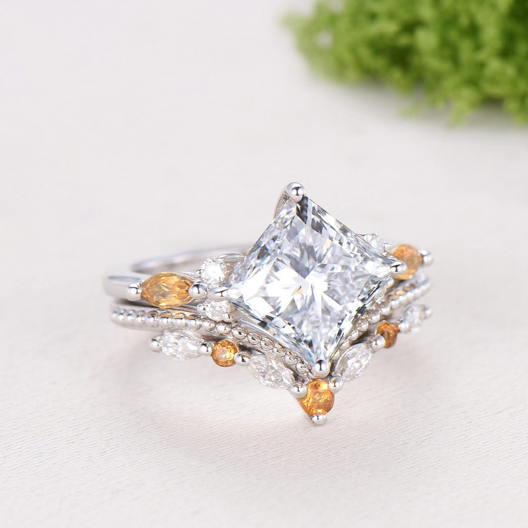 2CT Princess Cut Lab Grown Diamond Engagement Ring Set, Cluster Citrine Bridal Set