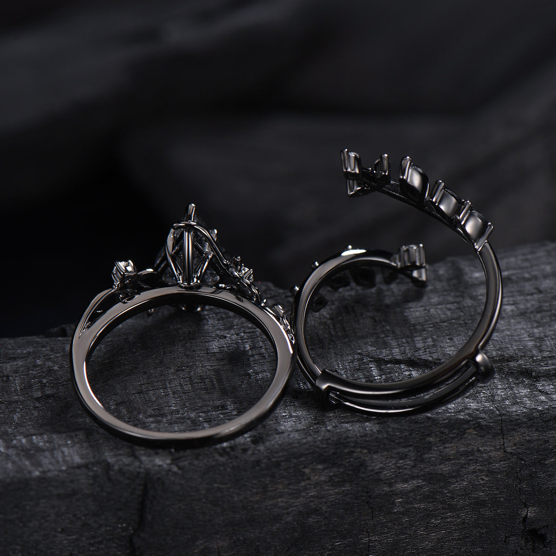 Unique gothic kite cut black rutilated quartz engagement ring set black gold cluster engagement ring leaf branch nature inspired wedding set