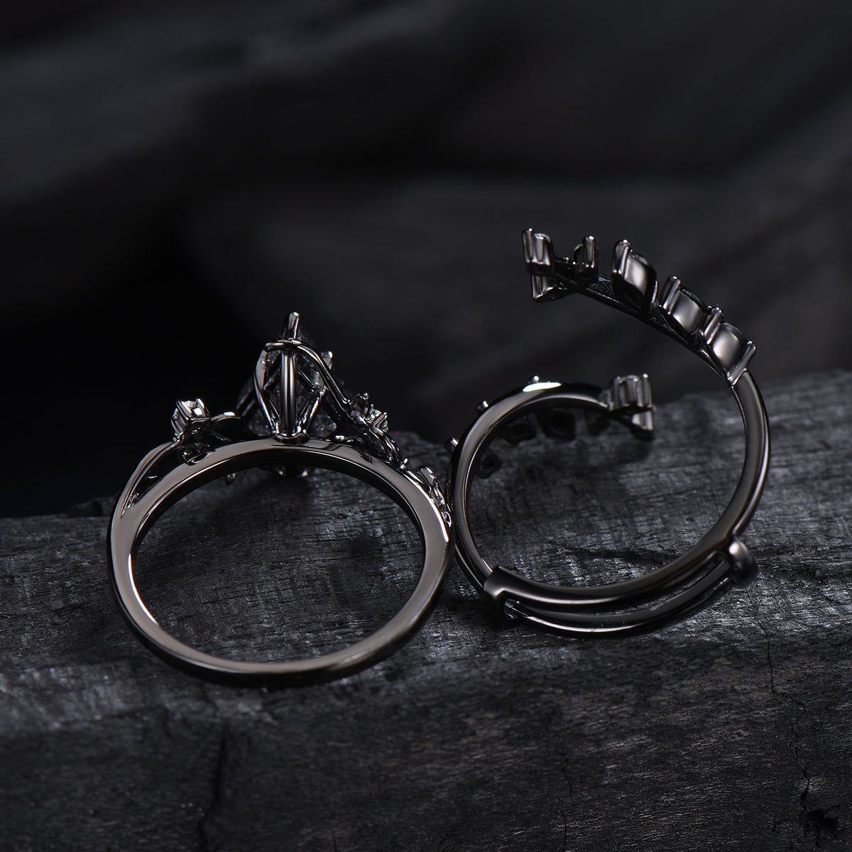 Unique gothic kite cut black rutilated quartz engagement ring set black gold cluster engagement ring leaf branch nature inspired wedding set