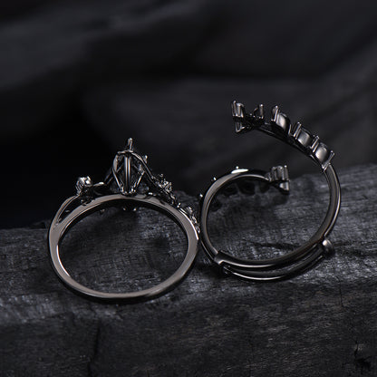 Unique gothic kite cut black rutilated quartz engagement ring set black gold cluster engagement ring leaf branch nature inspired wedding set