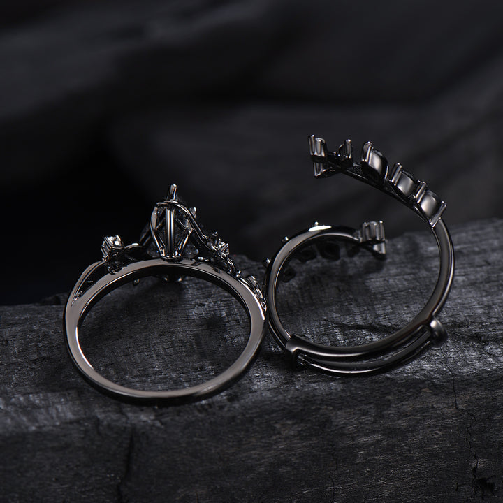 Unique gothic kite cut black rutilated quartz engagement ring set black gold cluster engagement ring leaf branch nature inspired wedding set