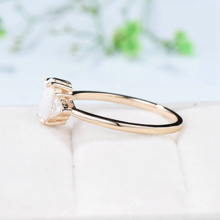 Unique File opal engagement ring long hexagon asymmetrical rose gold white opal wedding ring five moissanite handmade proposal gifts women - PENFINE