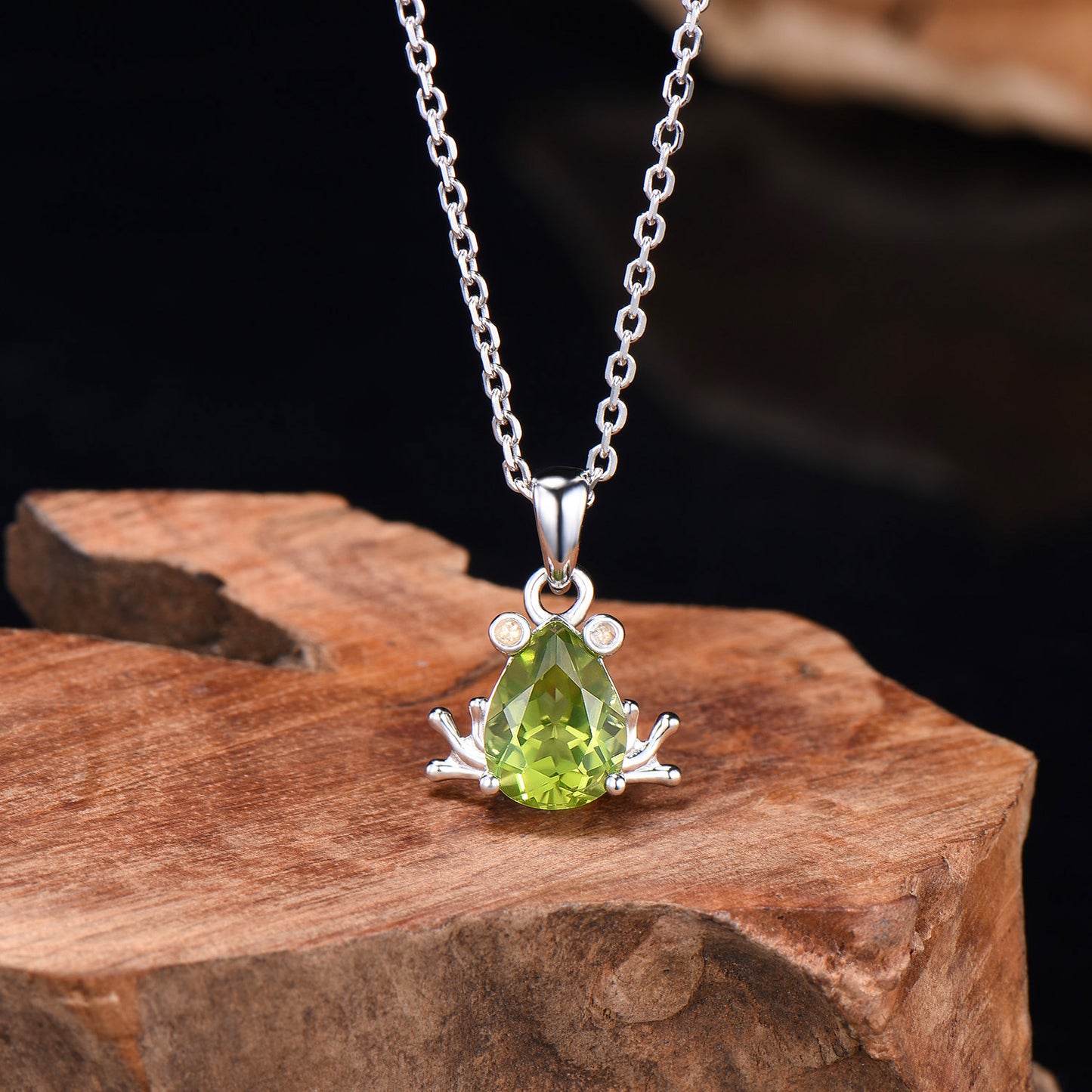 Handmade 14K Gold Peridot Frog Necklace, Citrine Accent Stones