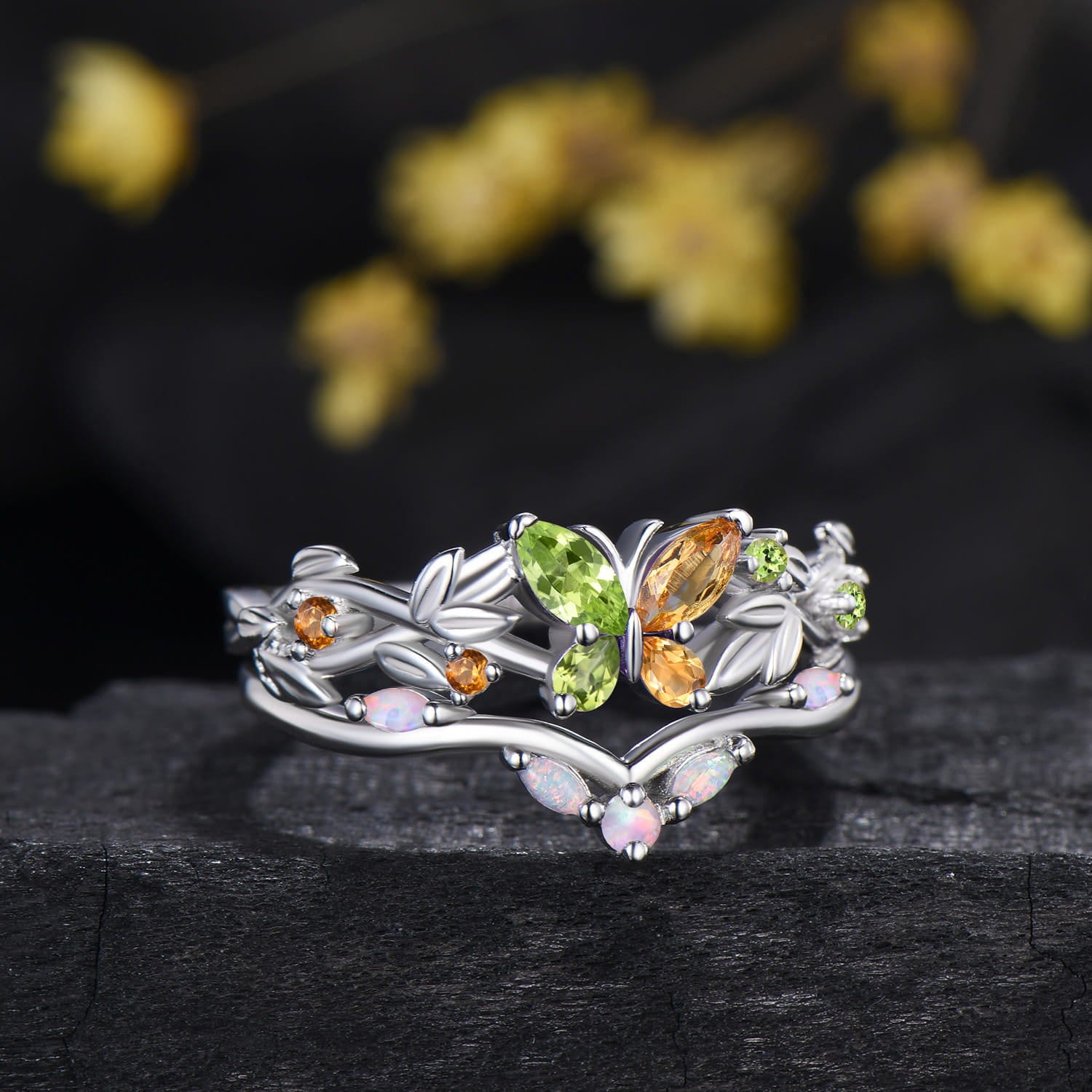 Natural Peridot And Citrine Butterfly Engagement Ring Opal Matching Band Inspired Ring Set