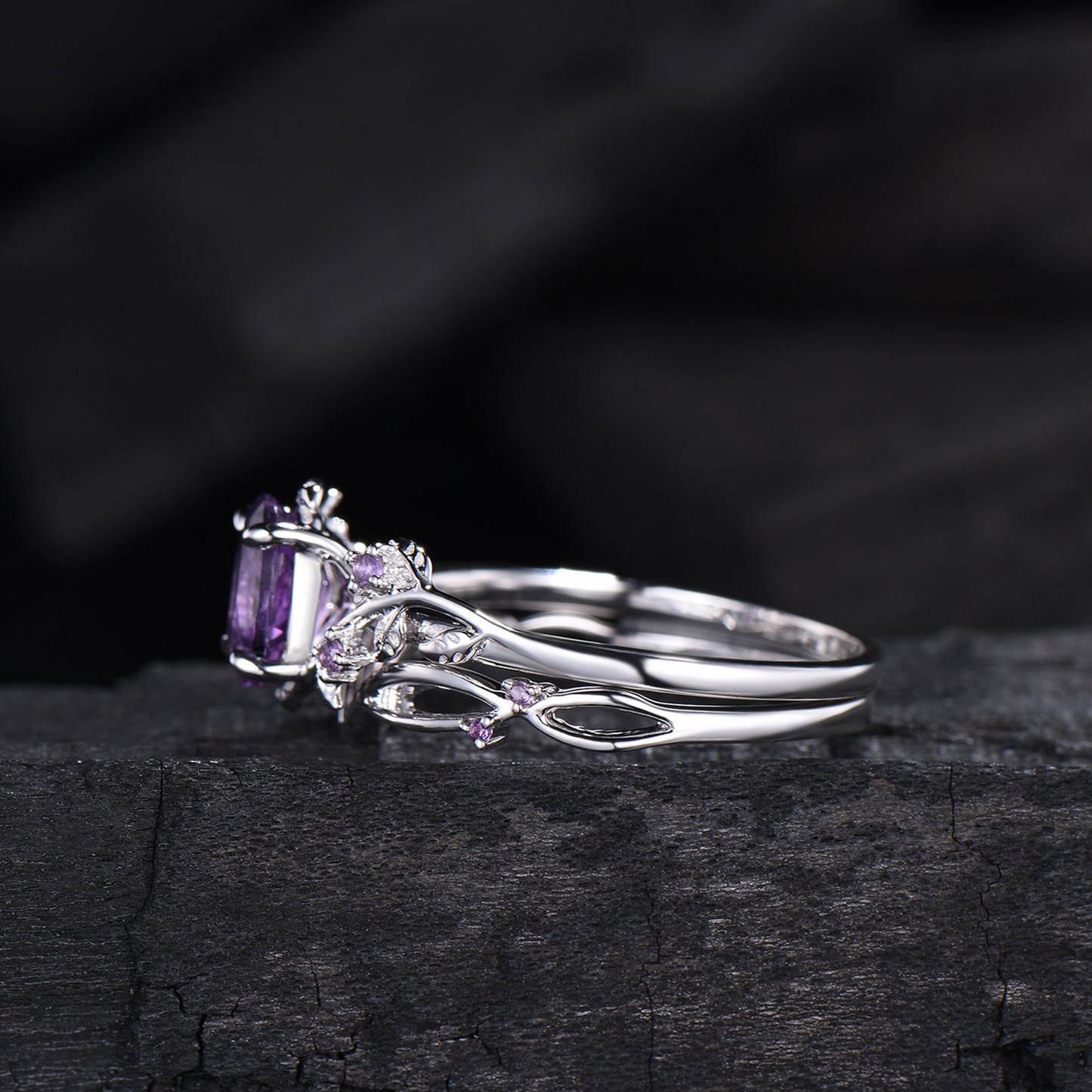 Nature Inspired amethyst ring set cluster rose gold purple amethyst engagement ring vintage unique Leaf crystal wedding ring set for women
