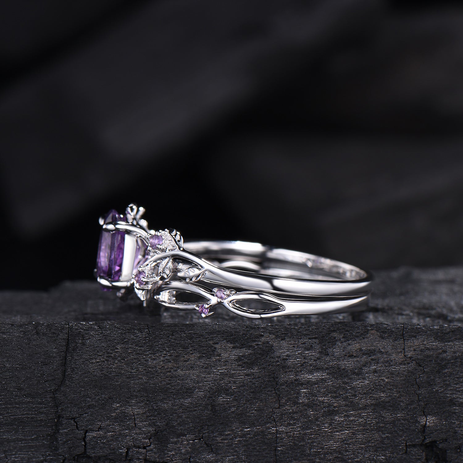 Nature Inspired amethyst ring set cluster rose gold purple amethyst engagement ring vintage unique Leaf crystal wedding ring set for women