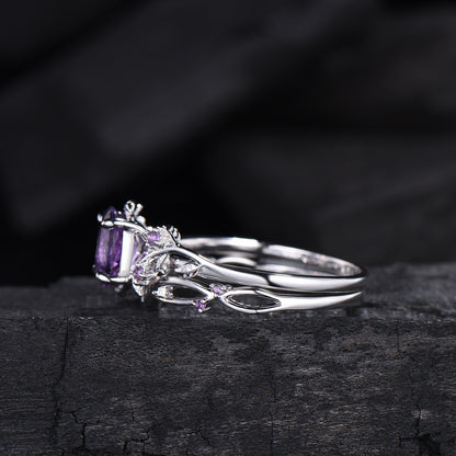Nature Inspired amethyst ring set cluster rose gold purple amethyst engagement ring vintage unique Leaf crystal wedding ring set for women