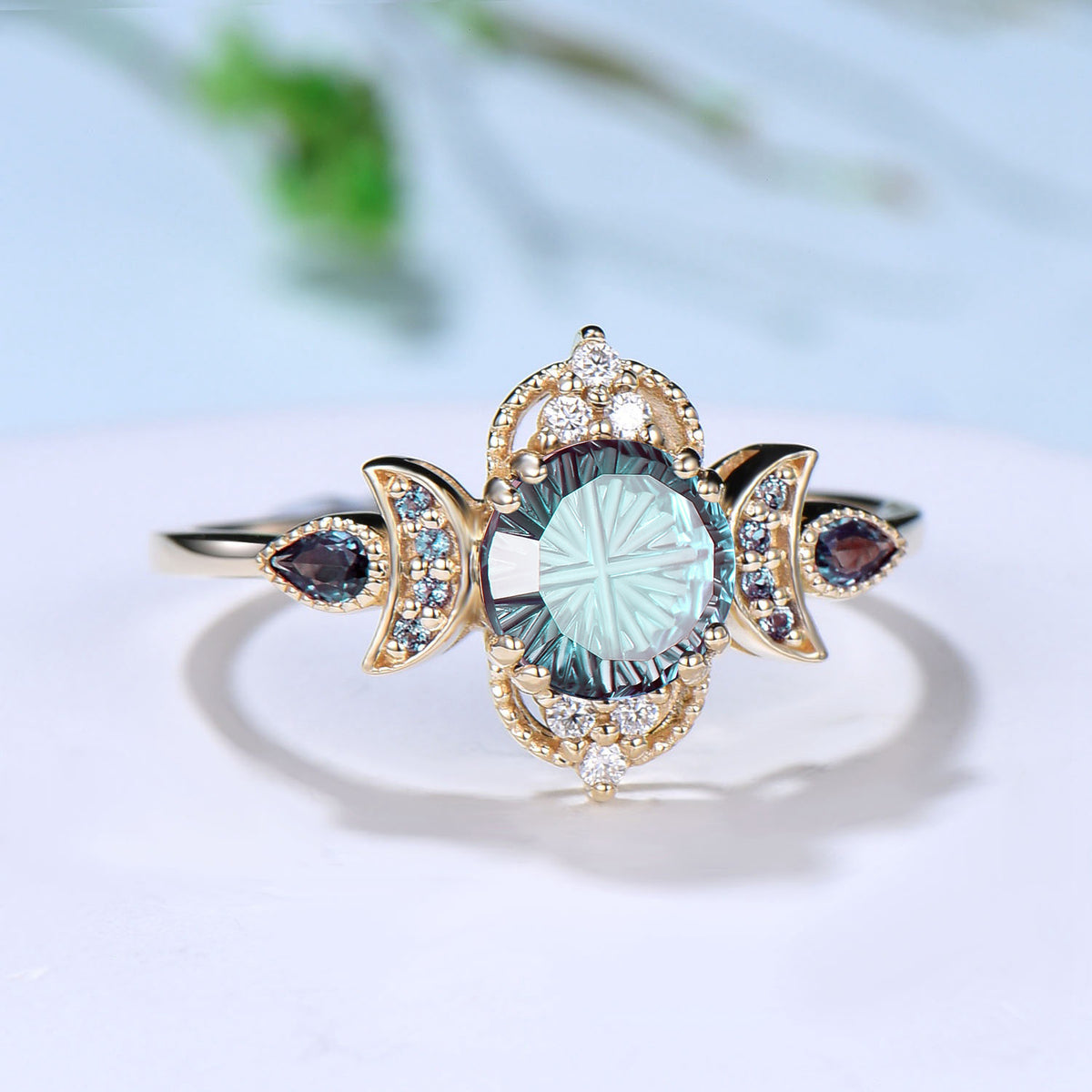 Round Shaped Fantasy Cut Alexandrite Moon Engagement Ring Diamond Art Deco Ring