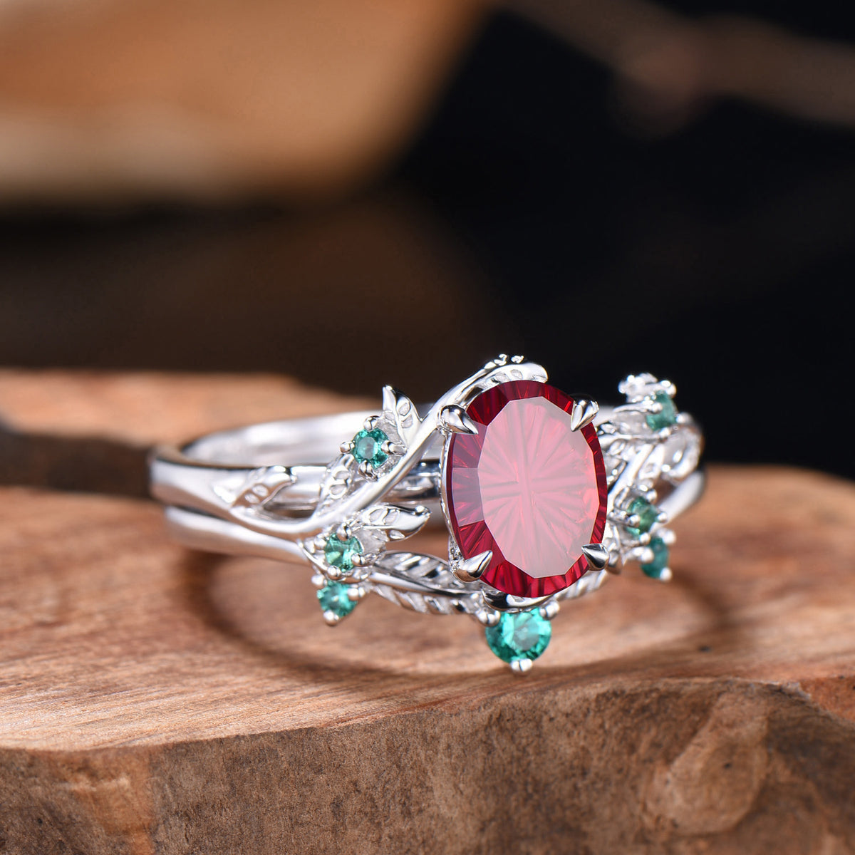 Oval Shaped Fantasy Cut Ruby leaf Engagement Ring Emerald Nature Inspired Ring Bridal Set