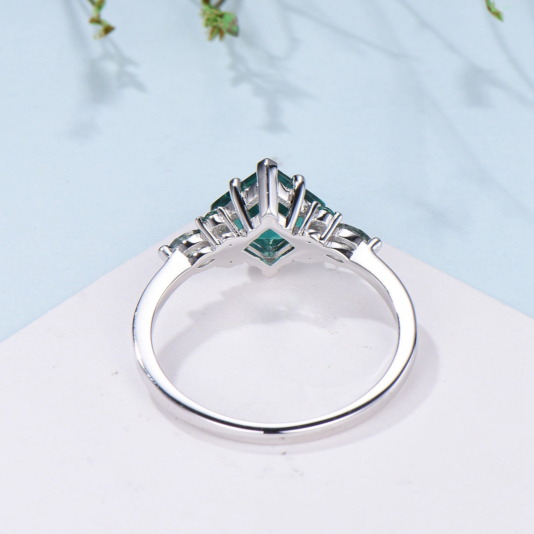 Unique Princess Cut Emerald Engagement Ring Set Silver White Gold Marquise Moss Agate Green Crystal Bridal Wedding Ring Retro Promise Ring - PENFINE