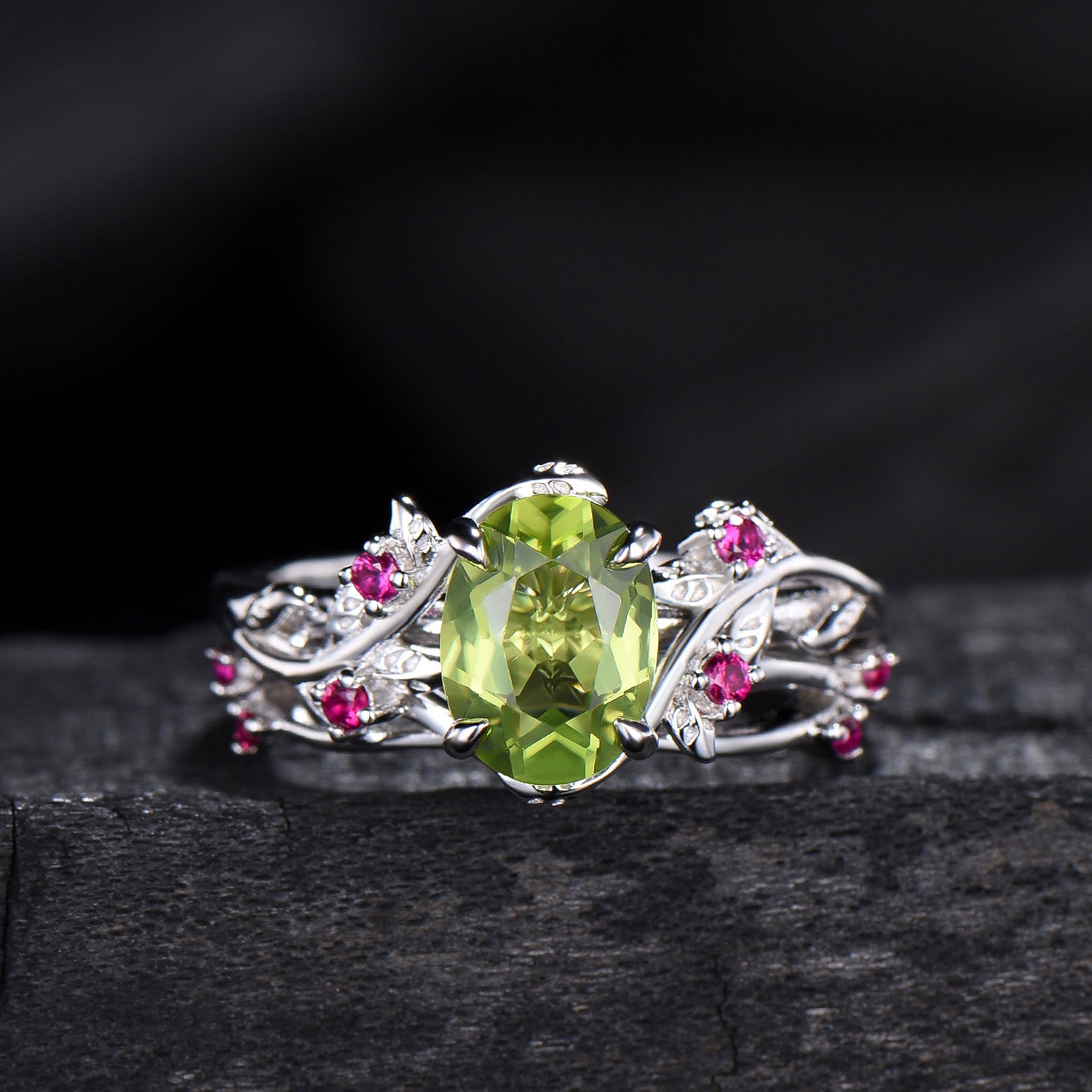 Leaf vine  peridot rubywedding ring set Natural inspired August Birthstone Jewelry