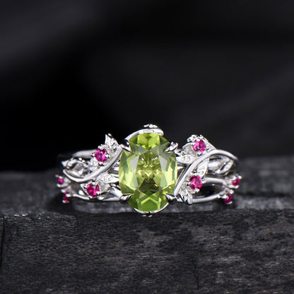 Leaf vine  peridot rubywedding ring set Natural inspired August Birthstone Jewelry