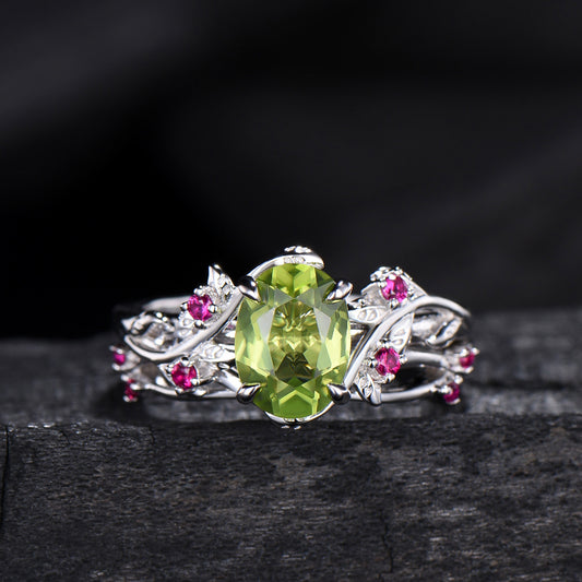 Leaf vine  peridot rubywedding ring set Natural inspired August Birthstone Jewelry