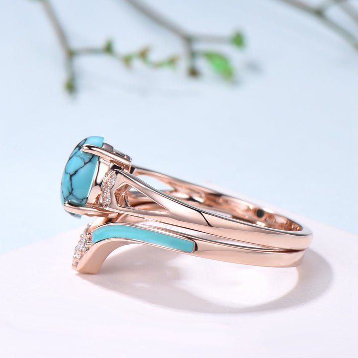 Unique Oval Turquoise engagement ring set 14k white gold vintage split shank engagement ring for women Blue Enamel Wedding Ring Antique Gift - PENFINE