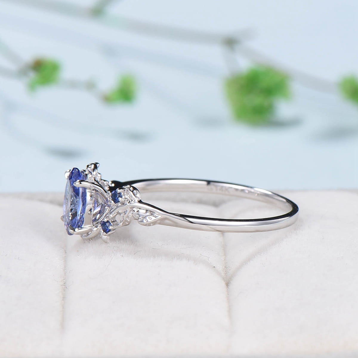 Elegant Blue Tanzanite Ring Vintage Unique Twig Engagement Ring Leaf Cluster Wedding Ring Women Nature inspired Branch Ring Proposal Gift - PENFINE