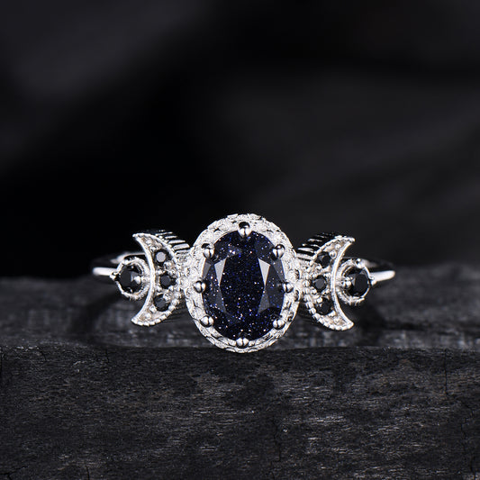 Oval Blue Sandstone Engagement Ring, Celestial Crescent Moon Ring, Gothic Promise Ring, Triple Goddess Witchy Jewelry, Anniversary Gift