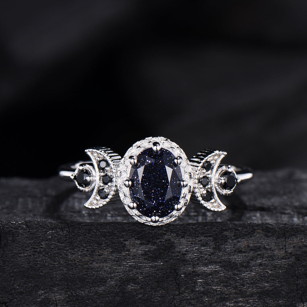 Oval Blue Sandstone Engagement Ring, Celestial Crescent Moon Ring, Gothic Promise Ring, Triple Goddess Witchy Jewelry, Anniversary Gift