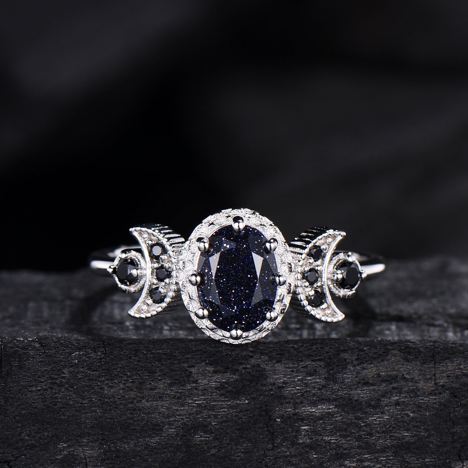 Oval Blue Sandstone Engagement Ring, Celestial Crescent Moon Ring, Gothic Promise Ring, Triple Goddess Witchy Jewelry, Anniversary Gift