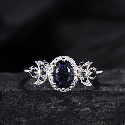 Oval Blue Sandstone Engagement Ring, Celestial Crescent Moon Ring, Gothic Promise Ring, Triple Goddess Witchy Jewelry, Anniversary Gift