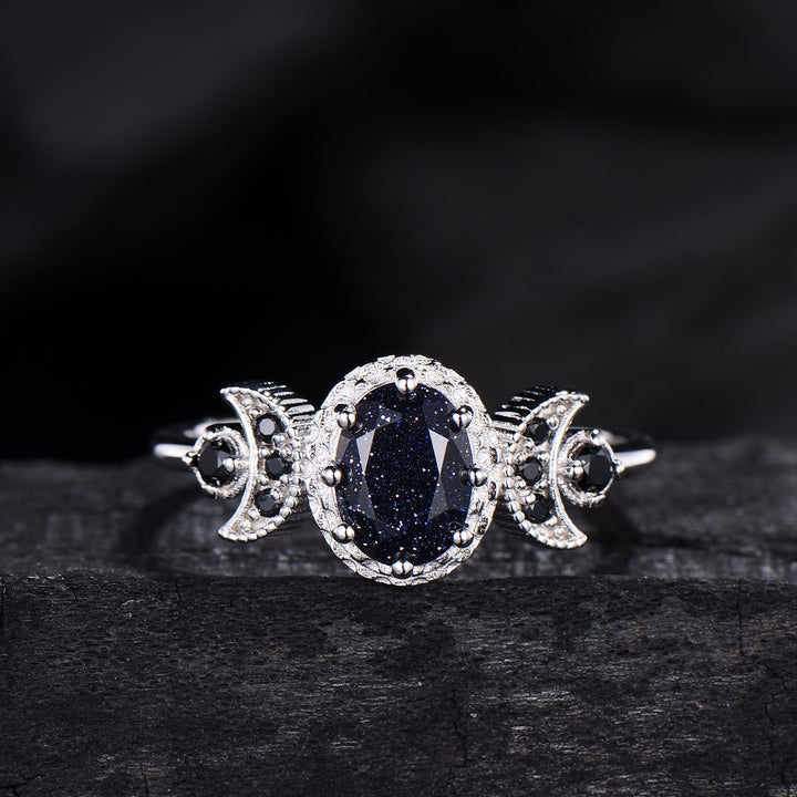Oval Blue Sandstone Engagement Ring, Celestial Crescent Moon Ring, Gothic Promise Ring, Triple Goddess Witchy Jewelry, Anniversary Gift