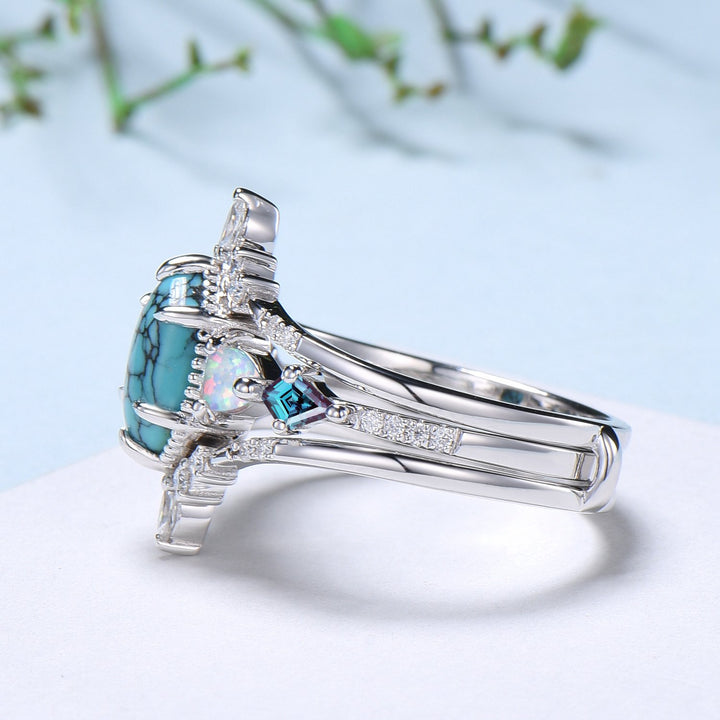 Vintage 5X9mm long hexagon turquoise engagement ring set unique triangle fire opal kite alexandrite wedding ring set double curved v band - PENFINE