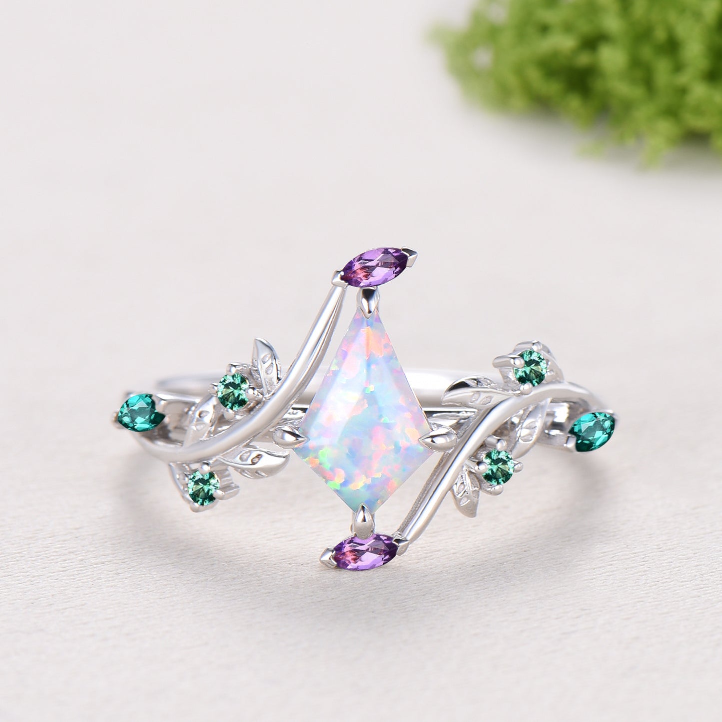 1CT Kite Cut White/Black/Blue Fire Opal Engagement Ring, Marquise Amethyst Emerald Leaf Vine Band