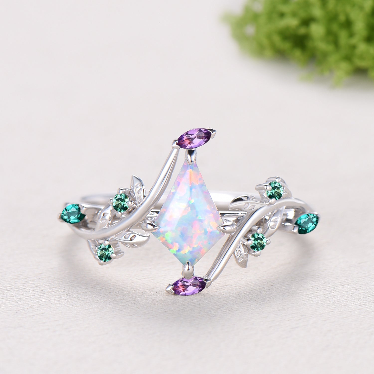 1CT Kite Cut White/Black/Blue Fire Opal Engagement Ring, Marquise Amethyst Emerald Leaf Vine Band