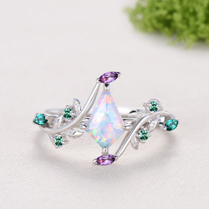 1CT Kite Cut White/Black/Blue Fire Opal Engagement Ring, Marquise Amethyst Emerald Leaf Vine Band