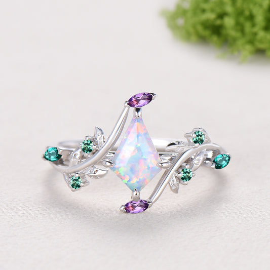 1CT Kite Cut White/Black/Blue Fire Opal Engagement Ring, Marquise Amethyst Emerald Leaf Vine Band
