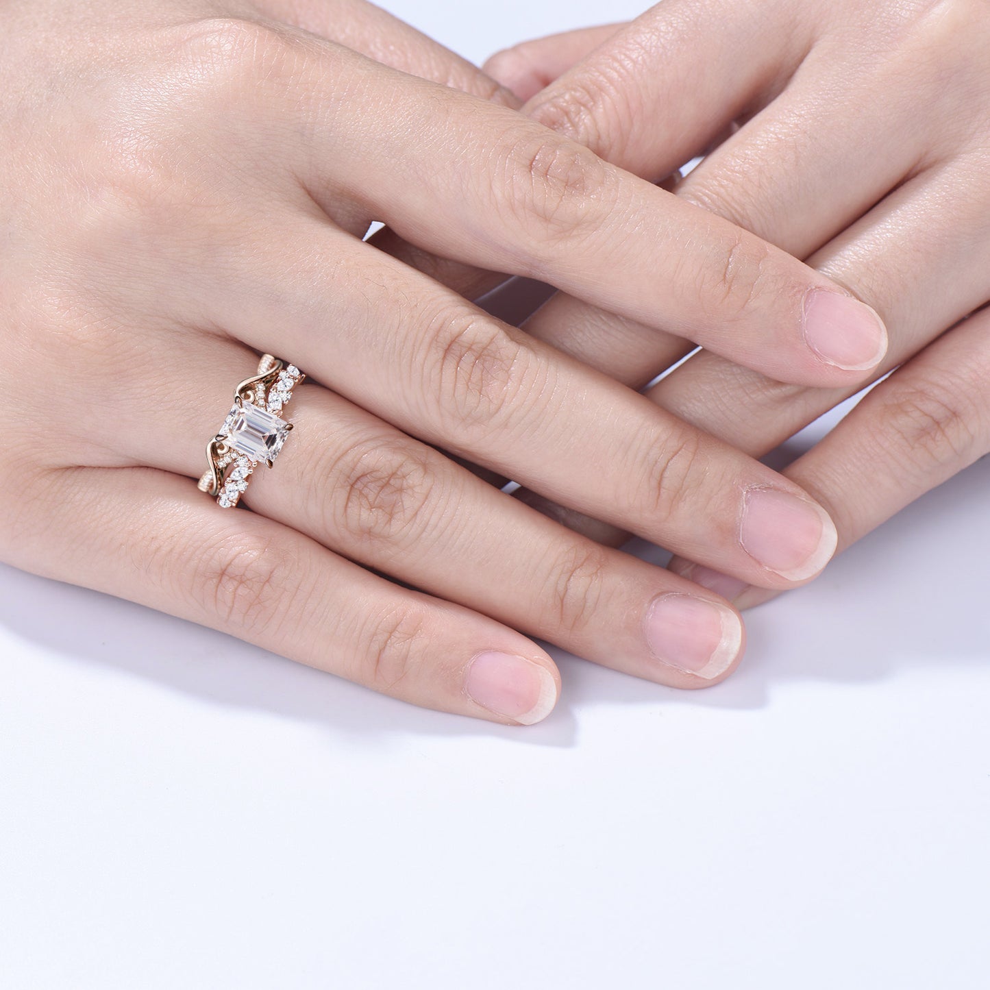 Emerald Cut Moissanite Wedding Ring Set, 14k Rose Gold Art Nouveau Bridal Band