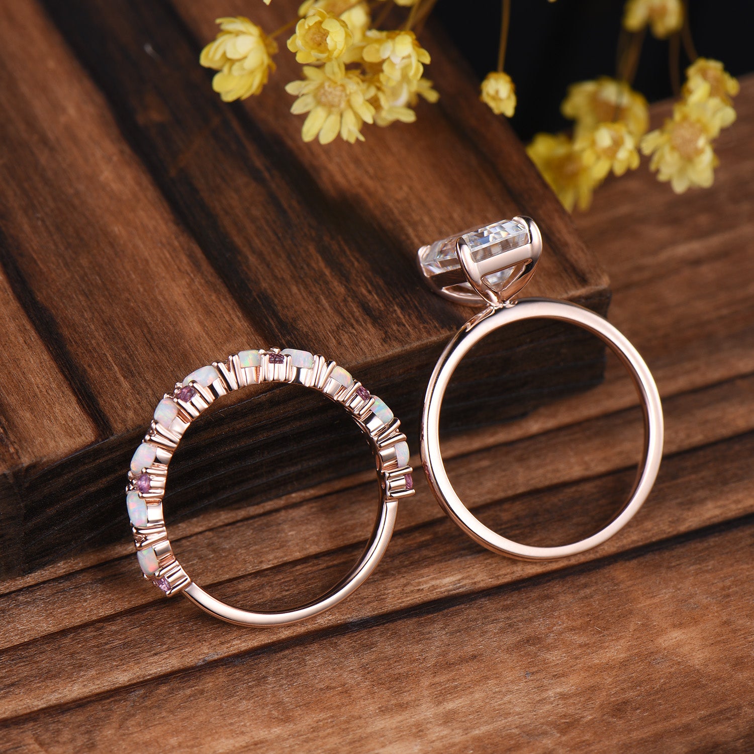 Emerald Cut Moissanite Engagement Ring | 14K Rose Gold Bridal Set, Opal Wedding Band
