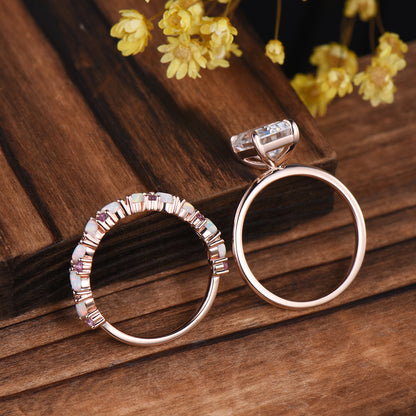 Emerald Cut Moissanite Engagement Ring | 14K Rose Gold Bridal Set, Opal Wedding Band