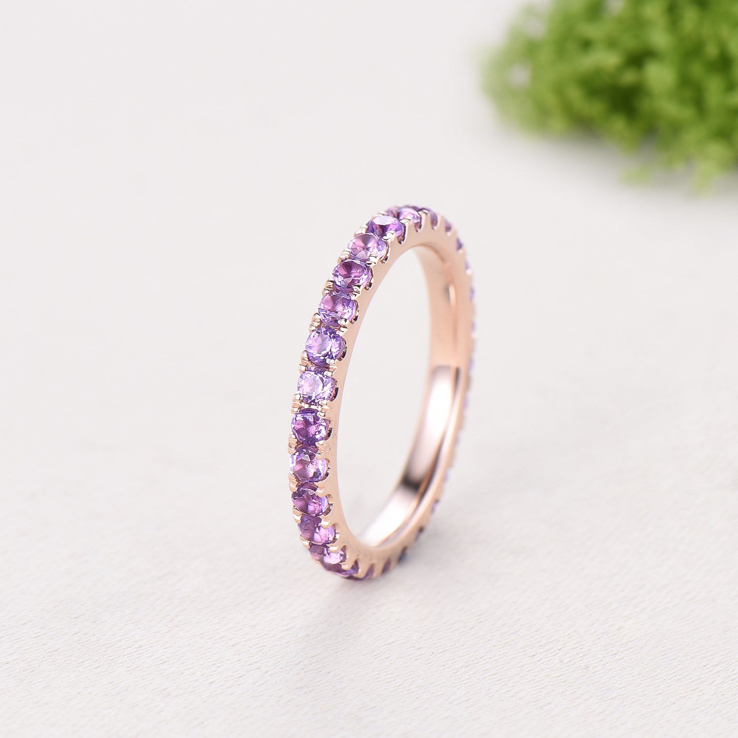 2mm Full Eternity Amethyst Eternity Band, Retro Rose Gold Wedding Ring