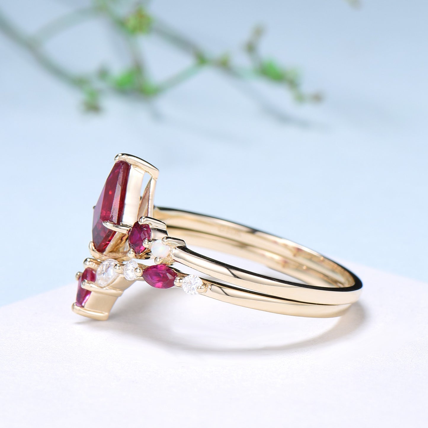 Vintage Kite Ruby Engagement Ring Set 1ct Ruby Bridal Wedding ring Set Art Deco Anniversary Gift Unique July Birthstone Bride Ring For Women - PENFINE