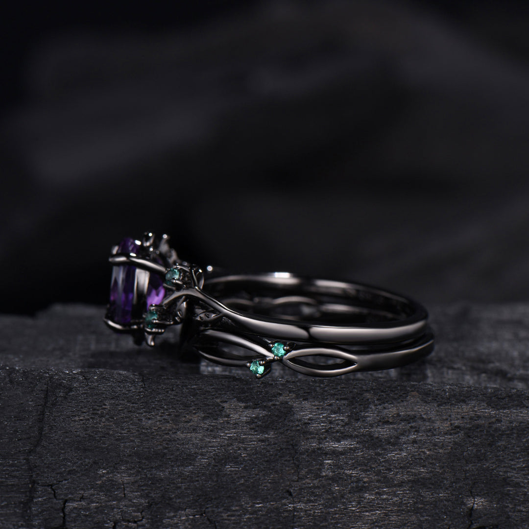 Unique black gold amethyst ring set Nature Inspired purple amethyst engagement ring vintage cluster emerald Leaf wedding ring set for women