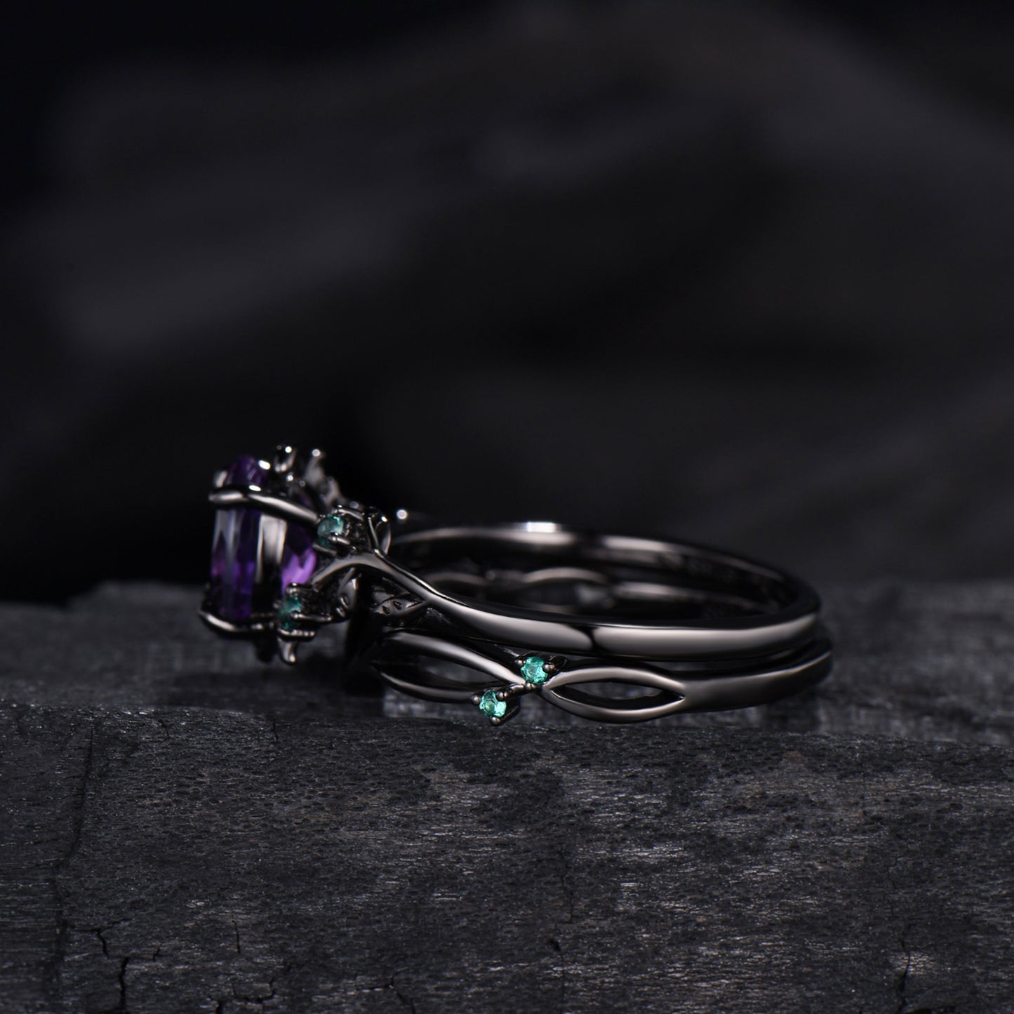 Unique black gold amethyst ring set Nature Inspired purple amethyst engagement ring vintage cluster emerald Leaf wedding ring set for women
