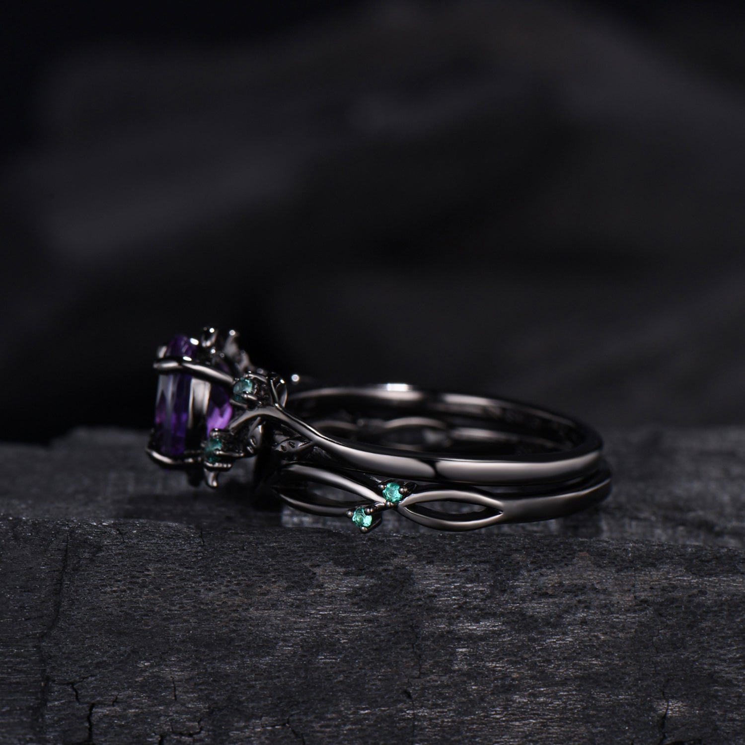 Unique black gold amethyst ring set Nature Inspired purple amethyst engagement ring vintage cluster emerald Leaf wedding ring set for women