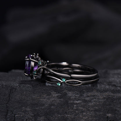 Unique black gold amethyst ring set Nature Inspired purple amethyst engagement ring vintage cluster emerald Leaf wedding ring set for women