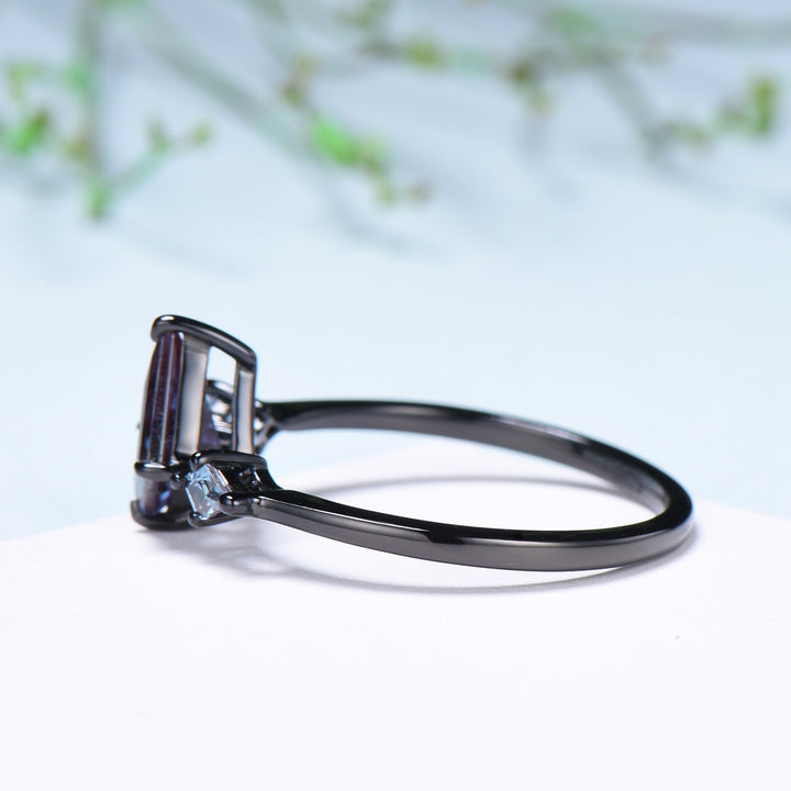 Dainty Black Gold Kite Cut Alexandrite Engagement Ring Minimalist Three Stone Dainty Wedding Ring Unique Handmade Proposal Gifts for Women - PENFINE