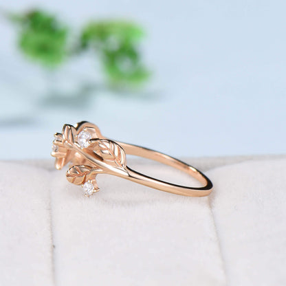 Nature inspired wedding band vintage moissanite diamond wedding band gold twisted leaf matching band for women stacking anniversary gift - PENFINE