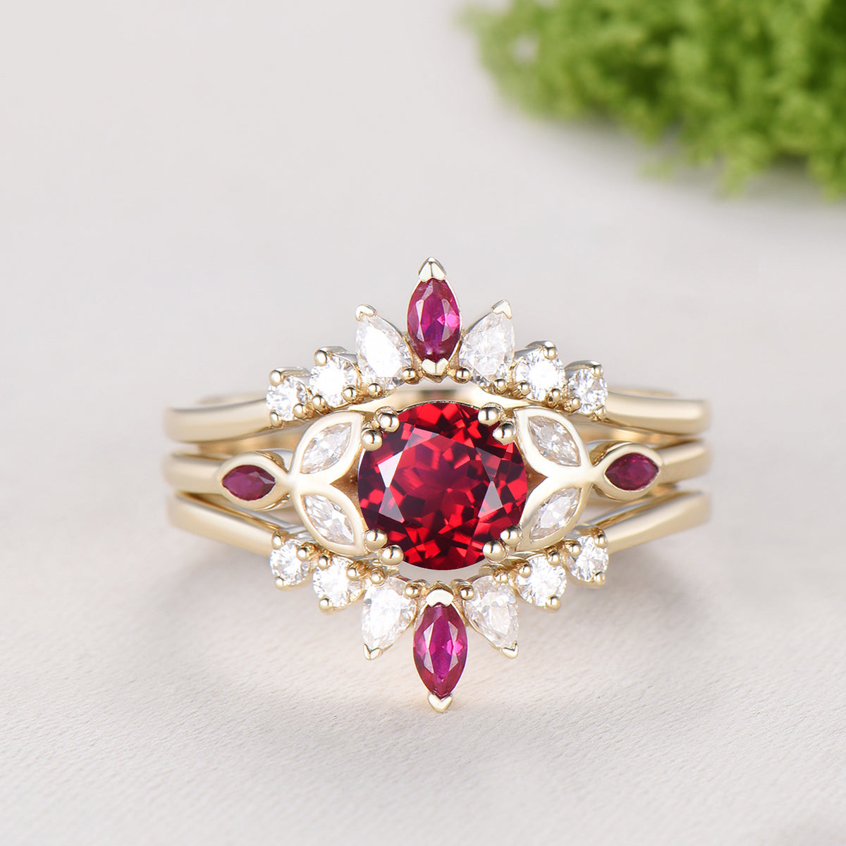 1CT Round Lab Ruby Engagement Ring Bezel Set Marquise Cut Enhancer Band Bridal Set
