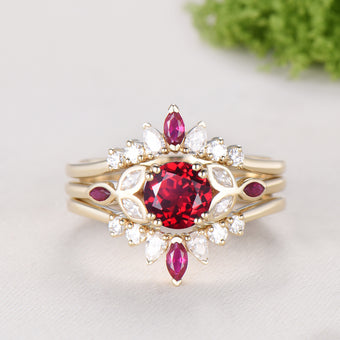 1CT Round Lab Ruby Engagement Ring Bezel Set Marquise Cut Enhancer Band Bridal Set