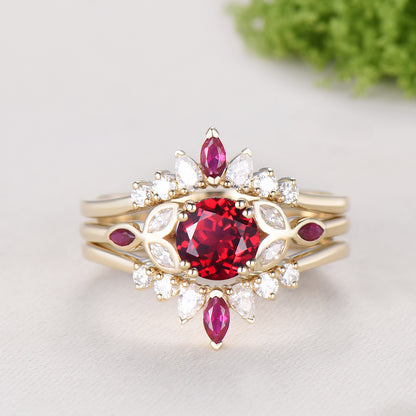 1CT Round Lab Ruby Engagement Ring Bezel Set Marquise Cut Enhancer Band Bridal Set