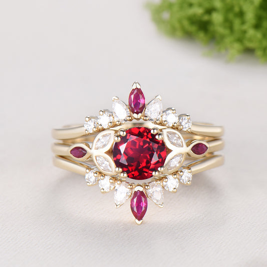 1CT Round Lab Ruby Engagement Ring Bezel Set Marquise Cut Enhancer Band Bridal Set