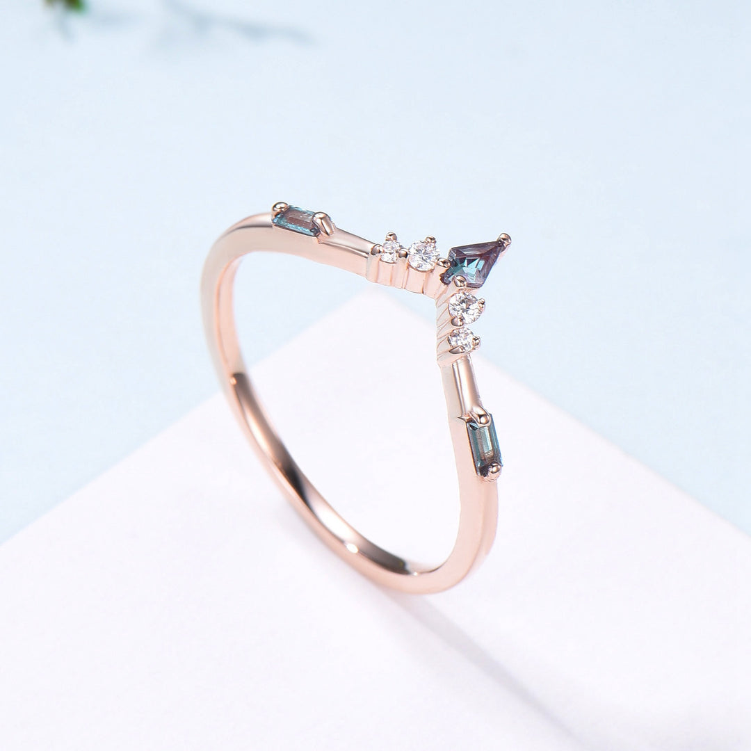 Curved Kite and Baguette Cut Alexandrite Wedding Band, Rose Gold Cluster Moissanite Ring - PENFINE