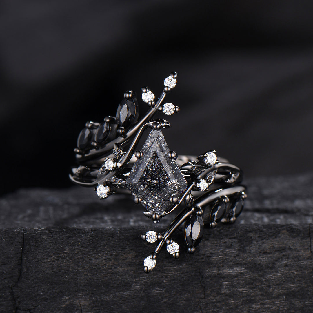 Unique gothic kite cut black rutilated quartz engagement ring set black gold cluster engagement ring leaf branch nature inspired wedding set